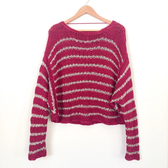 FREE PEOPLE Ruby Red Striped Chunky Knit Sweater - Picture 4 of 9